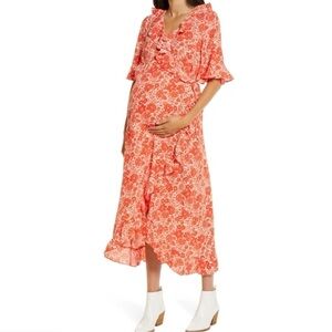 New Topshop Ruffle Wrap Maternity Midi Dress in Red Floral Print
